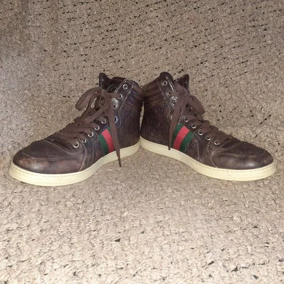 GUCCI-GG High Top 'Guccisima'-Brown Leather Hi-Top Sneakers-Sz 8.5-Excellent - Picture 4 of 11